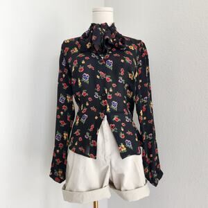 Vintage 90s Black Floral Silk Top Neck Tie Long Sleeve V Neck Coldwater Creek XS